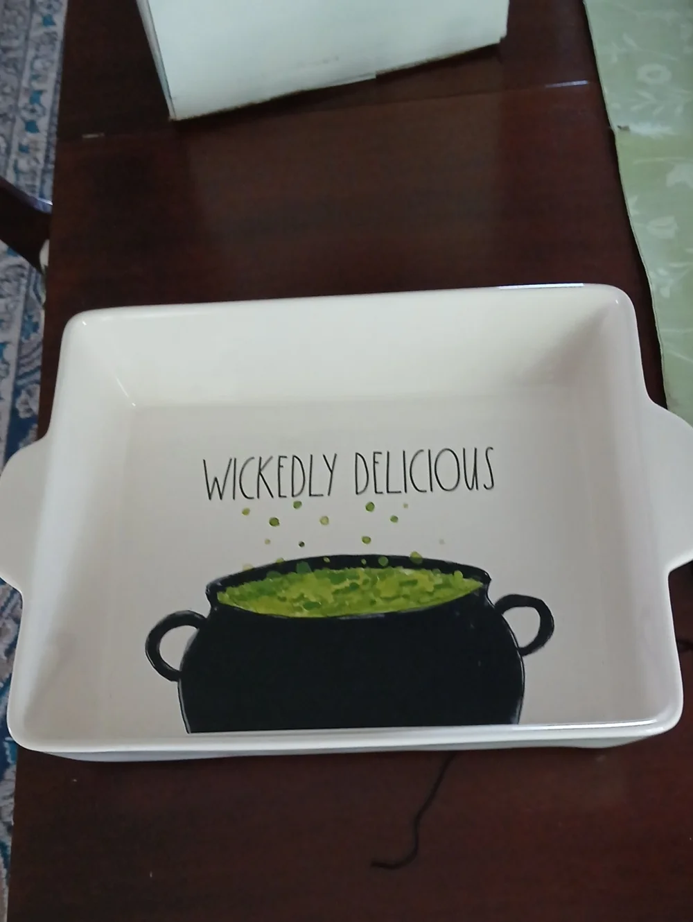 Rae Dunn White Ceramic Dish with Black Cauldron and Green Accents